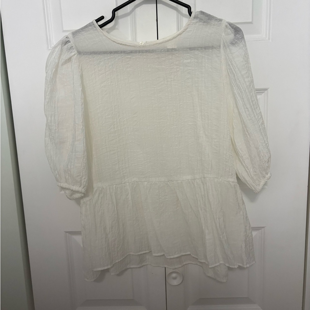 Sheer puff sleeve off white blouse